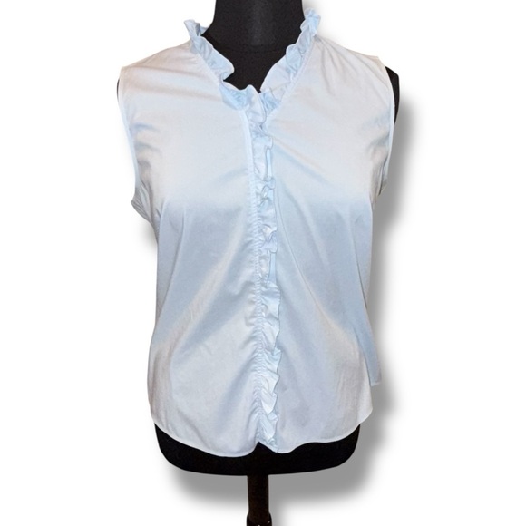 FOXCROFT Gwen Ruffle Non-Iron Stretch Button-Up Sleeveless Shirt Blue Whisper 18 - Picture 2 of 12